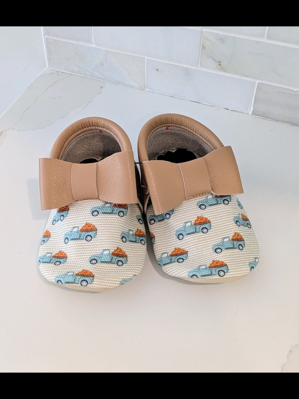 Fall Moccasins with Blue Pumpkin Truck Print
